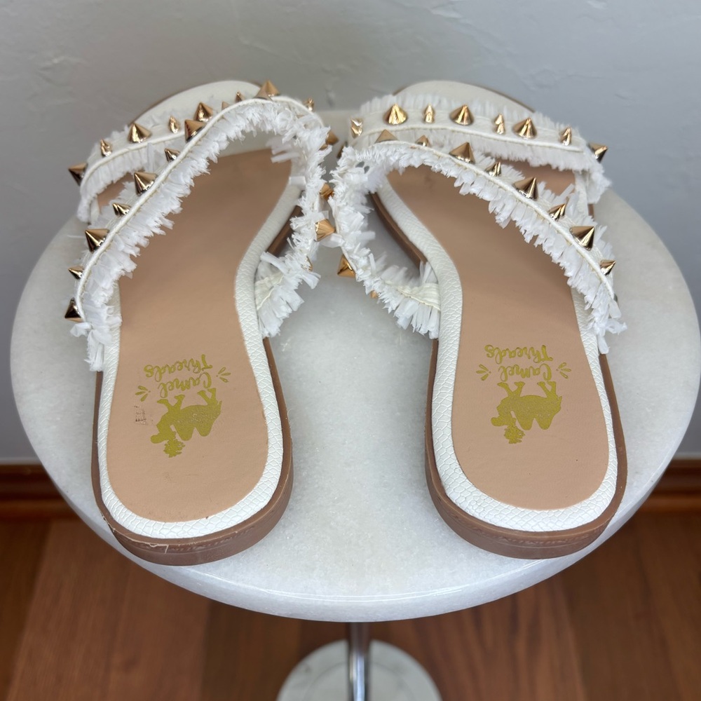 CAMEL THREADS White Gold Sandal Flats Shoes Raffia Gold Slip On 2 Strap Women 7 - Picture 6 of 8